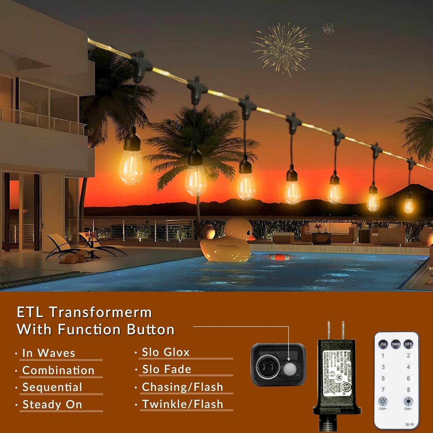 FESTIA LED Outdoor Edison String Lights - 28.2FT Waterproof with Remote｜12 Shatterproof Bulbs｜Timer & Memory Function｜Warm White 2700K