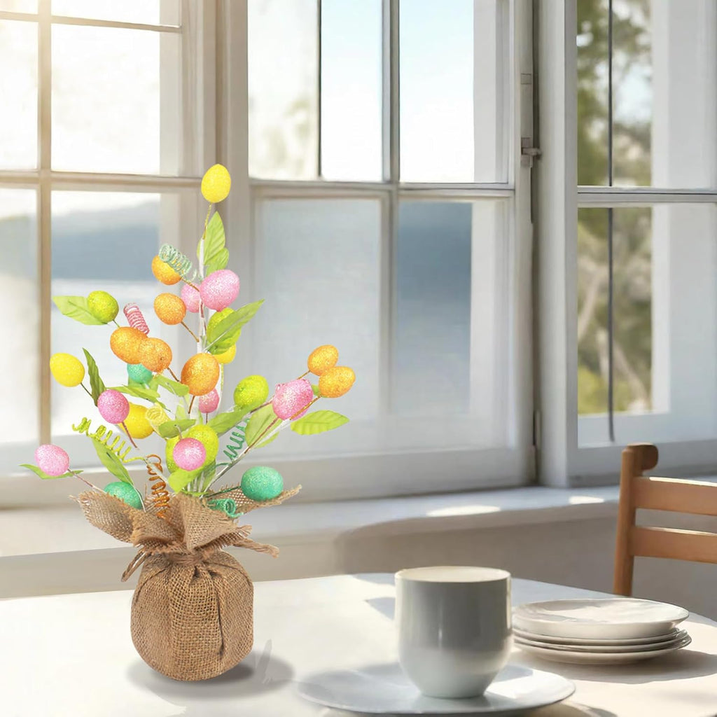 FESTIA Easter Egg Table Tree - 14" Pre-Decorated Spring Centerpiece with Burlap Base