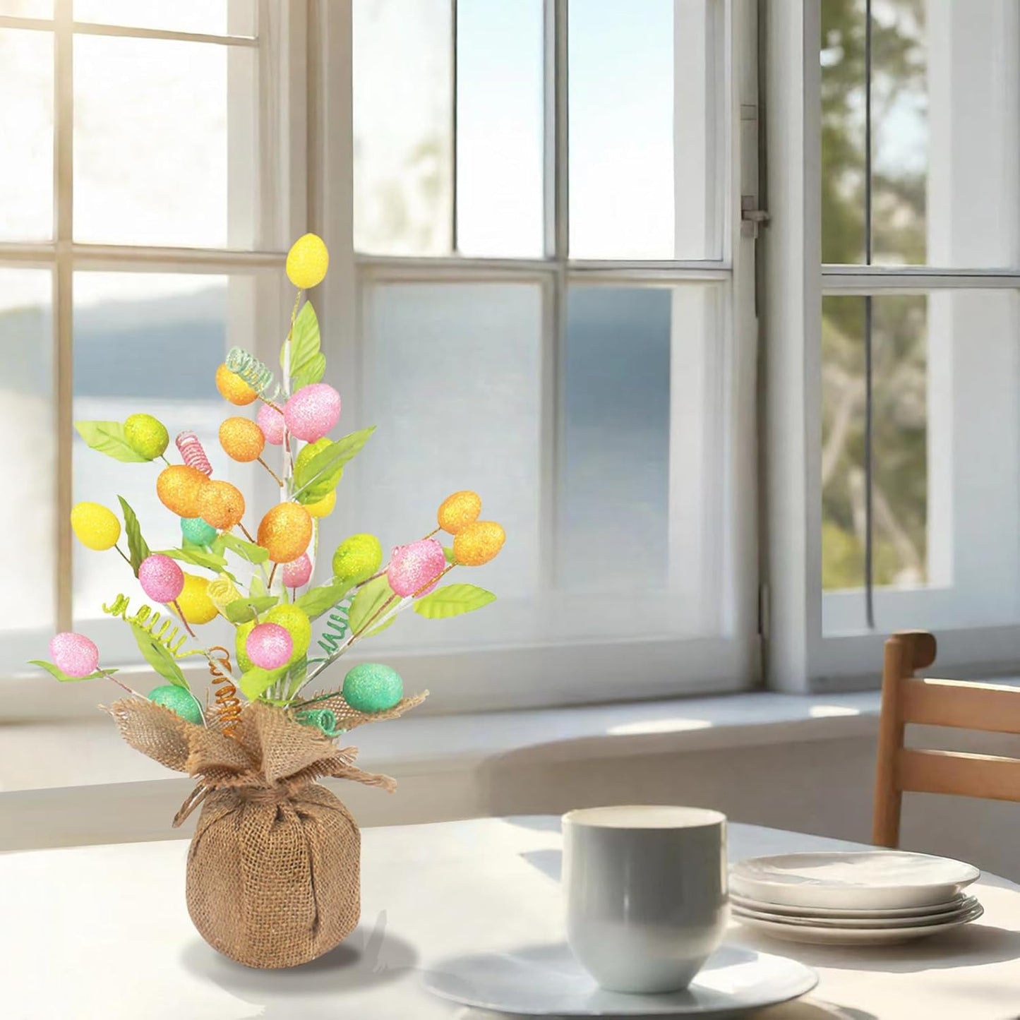 FESTIA Easter Egg Table Tree - 14" Pre-Decorated Spring Centerpiece with Burlap Base