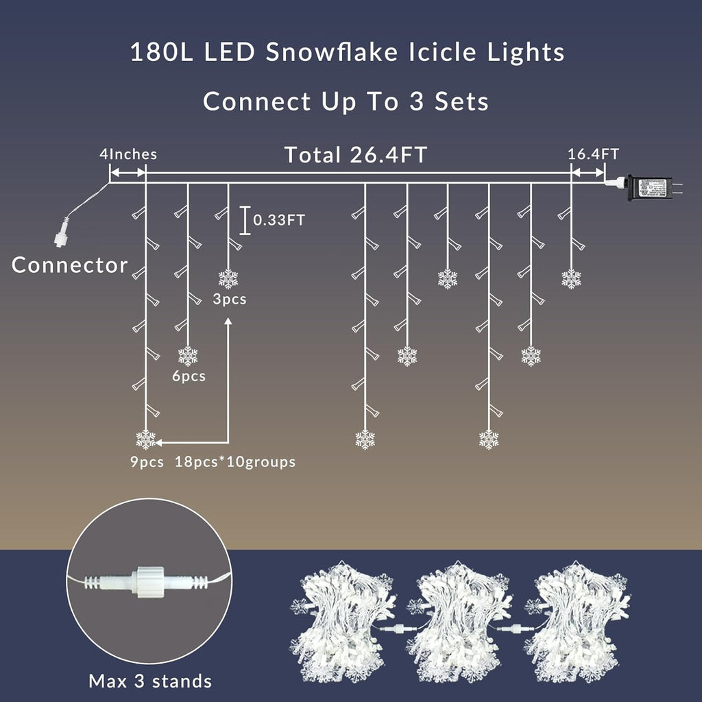 FESTIA Christmas  icicle Lights for Indoor & Outdoor - Snowflake Curtain 180LED, Incandescent Icicle & Meteor Shower Lights for Wedding Party Decor
