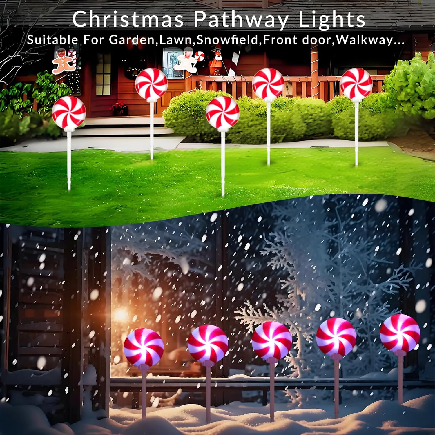 Christmas Pathway Lights Outdoor Decorations: Snowflake Stake Lights with Rotation Feature or steady, Multicolor Candy Lights for Yard Garden Party