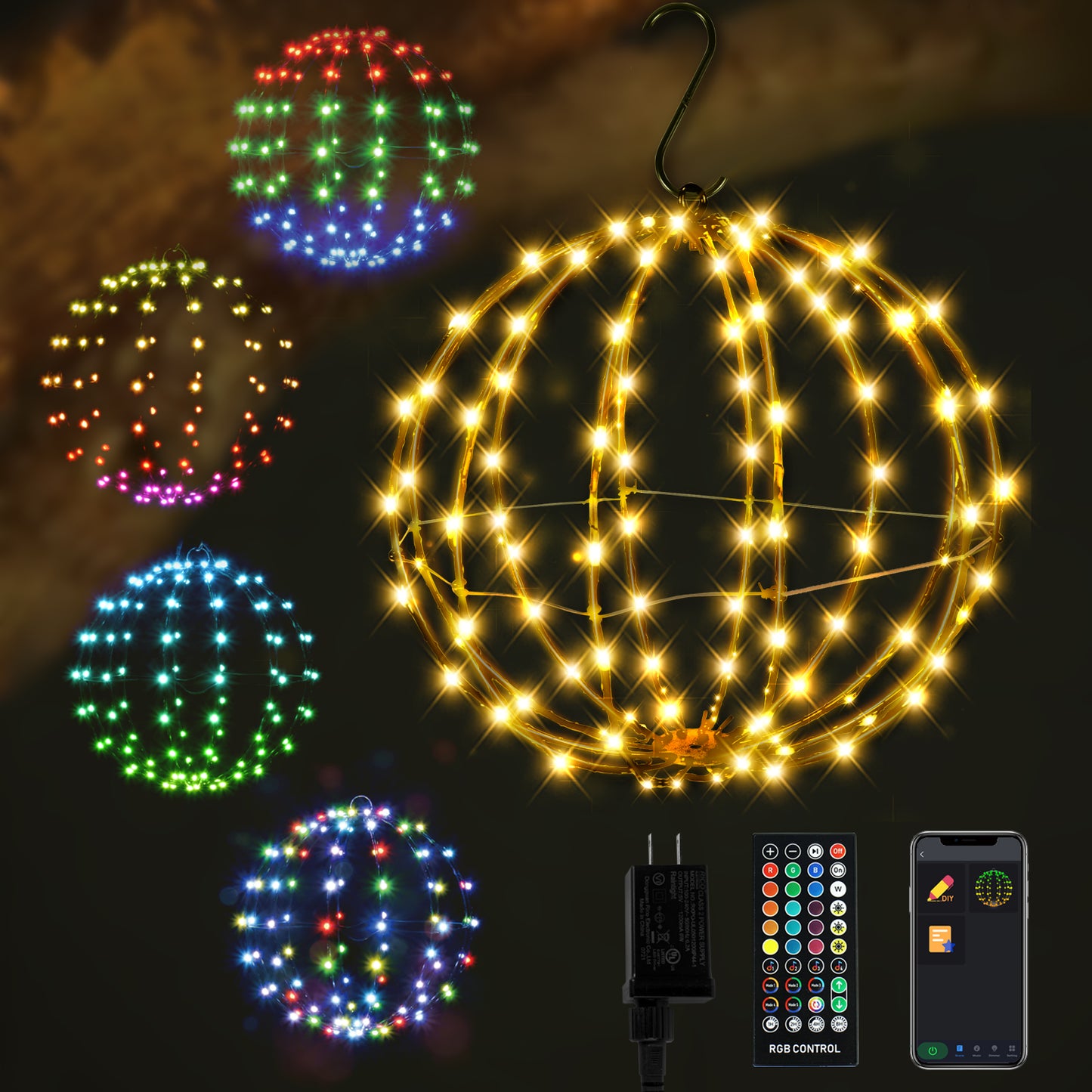 Outdoor Christmas Decorations 12" 108 Led Smart RGB Lighted Balls, DIY Hanging sphere light with Remote  Iron Frame Foldable Waterproof For Holiday Patio wedding Patio Tree Gazebo Decor